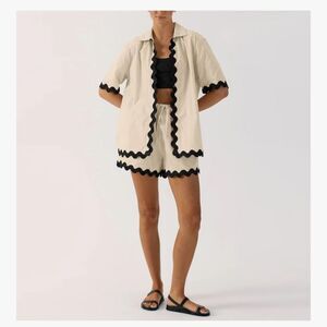 Shiyifa 2-Piece Scalloped Set  Women’s M  Cream & Black Rayon Short Outfit  NWT